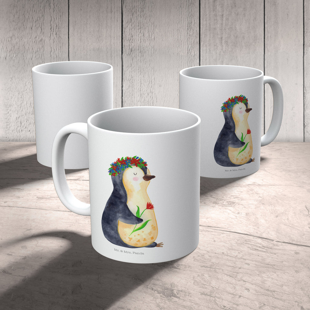 Tasse Pinguin Blumenkranz Pinguin, Pinguine, Blumenkranz, Universum, Leben, Wünsche, Ziele, Lebensziele, Motivation, Lebenslust, Liebeskummer, Geschenkidee	 Becher, Kaffeetasse, Kaffeebecher, Tee, Frühstück, Büro  Pinguin