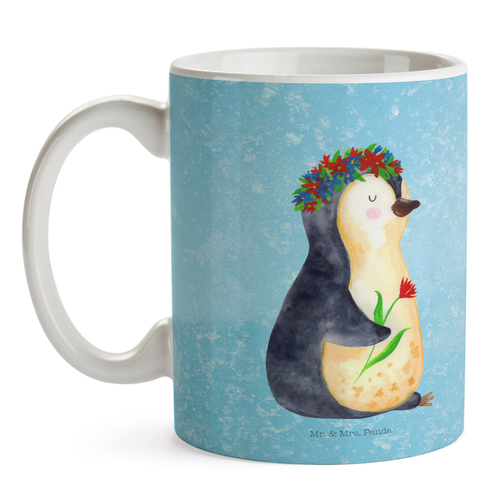 Tasse Pinguin Blumenkranz Pinguin, Pinguine, Blumenkranz, Universum, Leben, Wünsche, Ziele, Lebensziele, Motivation, Lebenslust, Liebeskummer, Geschenkidee	 Becher, Kaffeetasse, Kaffeebecher, Tee, Frühstück, Büro  Pinguin
