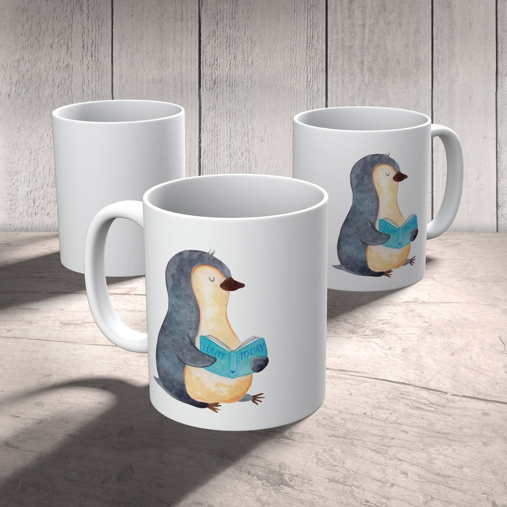 Tasse Pinguin Buch Pinguin, Pinguine, Buch, Lesen, Bücherwurm, Nichtstun, Faulenzen, Ferien, Urlaub, Freizeit,	 Becher, Kaffeetasse, Kaffeebecher, Tee, Frühstück, Büro  Pinguin