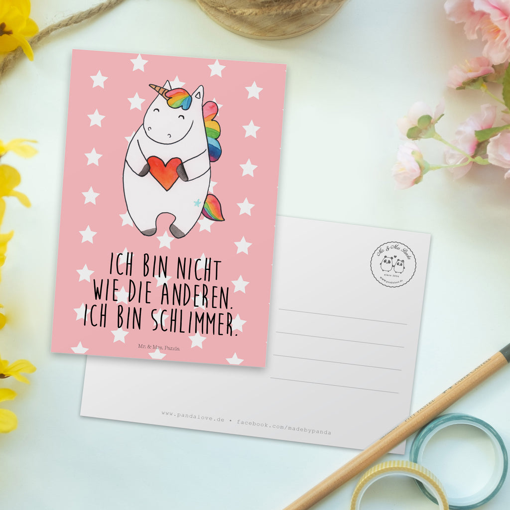 Postkarte Einhorn Herz Geschenkkarte, Grußkarte, Karte, Einladung, Ansichtskarte, Geburtstagskarte, Einladungskarte, Einhorn, Einhörner, Einhorn Deko, Pegasus, Unicorn, Herz, schlimm, böse, witzig, lustig, Freundin, anders, bunt