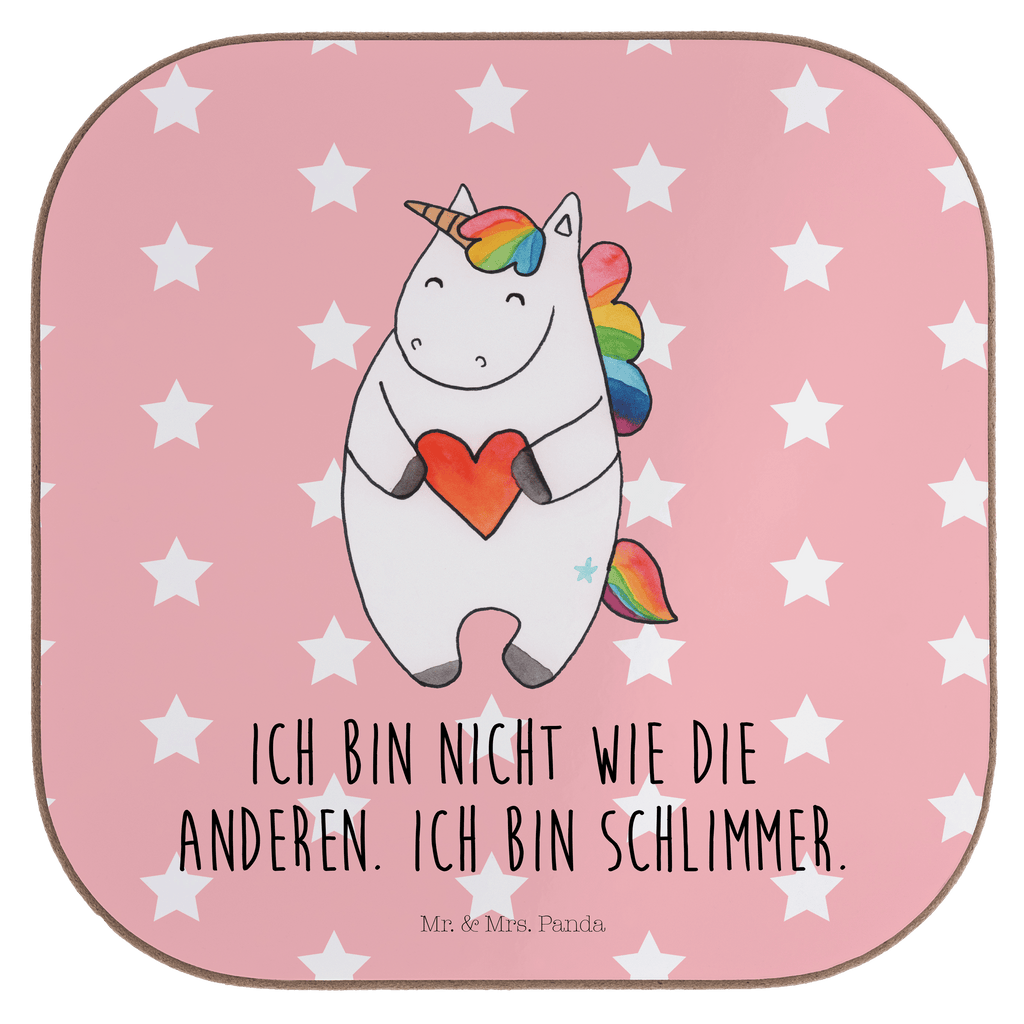 Quadratische Untersetzer Einhorn Herz Bierdeckel, Glasuntersetzer, Untersetzer Gläser, Getränkeuntersetzer, Einhorn, Einhörner, Einhorn Deko, Pegasus, Unicorn, Herz, schlimm, böse, witzig, lustig, Freundin, anders, bunt