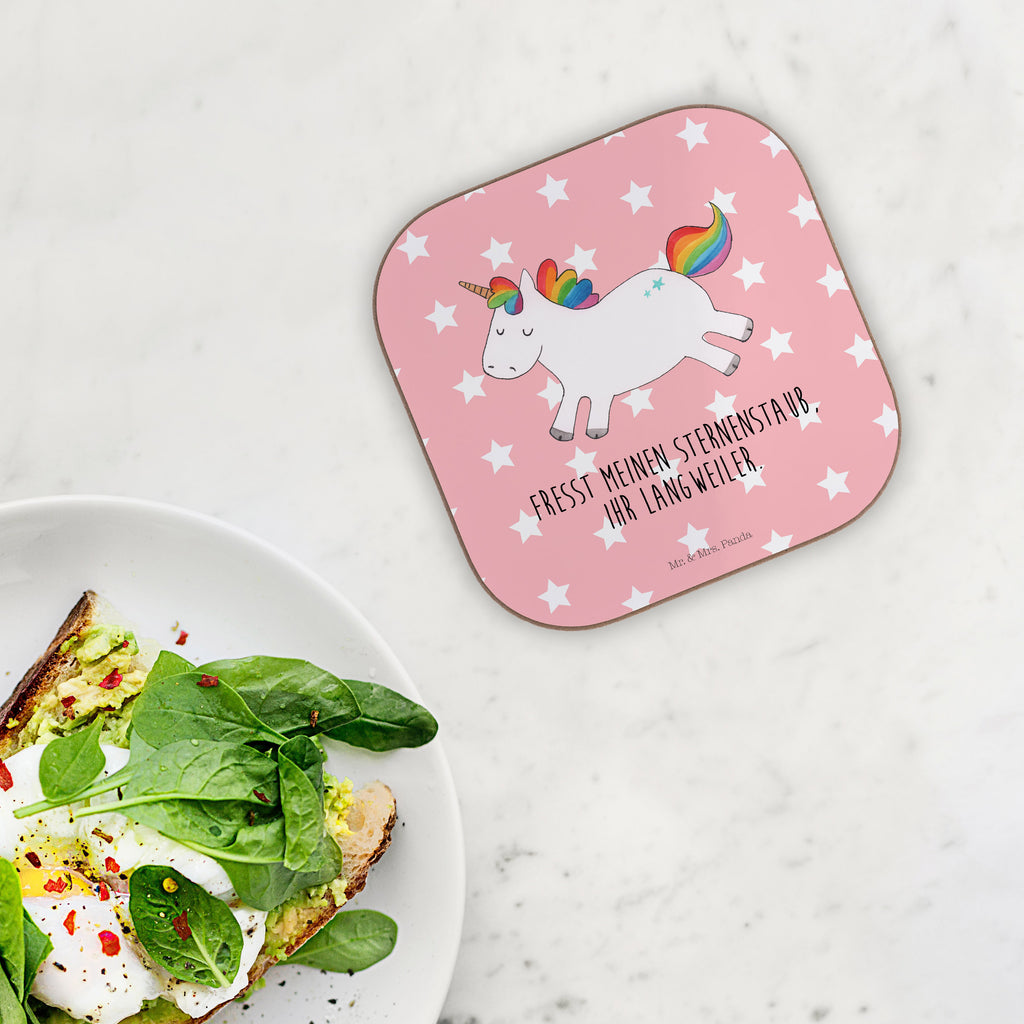 Quadratische Untersetzer Einhorn Happy Bierdeckel, Glasuntersetzer, Untersetzer Gläser, Getränkeuntersetzer, Einhorn, Einhörner, Einhorn Deko, Pegasus, Unicorn, glücklich, fröhlich, Spaß, Freude, Lebensfreude, witzig, spannend, Lächeln, Lachen