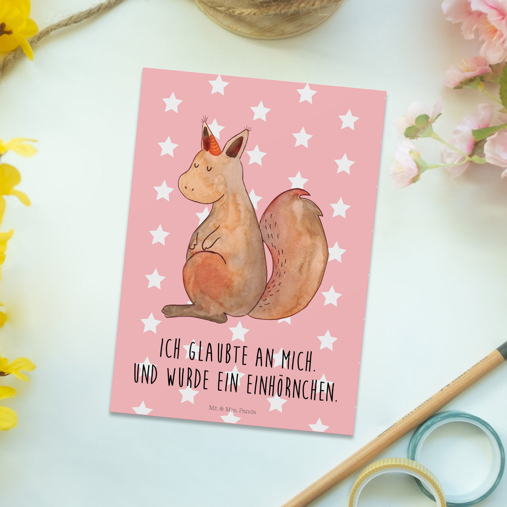 Postkarte Einhörnchen Glaube Geschenkkarte, Grußkarte, Karte, Einladung, Ansichtskarte, Geburtstagskarte, Einladungskarte, Einhorn, Einhörner, Einhorn Deko, Pegasus, Unicorn, Einhörnchen, Eichhörnchen, Eichhorn