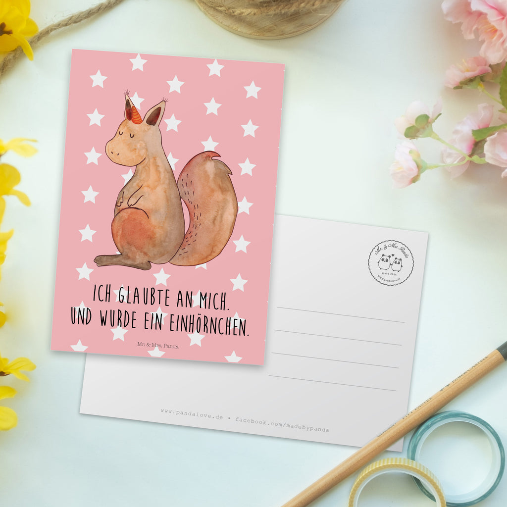 Postkarte Einhörnchen Glaube Geschenkkarte, Grußkarte, Karte, Einladung, Ansichtskarte, Geburtstagskarte, Einladungskarte, Einhorn, Einhörner, Einhorn Deko, Pegasus, Unicorn, Einhörnchen, Eichhörnchen, Eichhorn