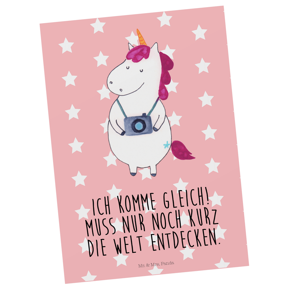 Postkarte Einhorn Fotograf Geschenkkarte, Grußkarte, Karte, Einladung, Ansichtskarte, Geburtstagskarte, Einladungskarte, Dankeskarte, Einhorn, Einhörner, Einhorn Deko, Pegasus, Unicorn, Fotograf, Fotografie, Kamera, Reisen, Weltreise, Weltenbummler, Urlaub, Tourist, Kurztrip, Reise, Städtereise