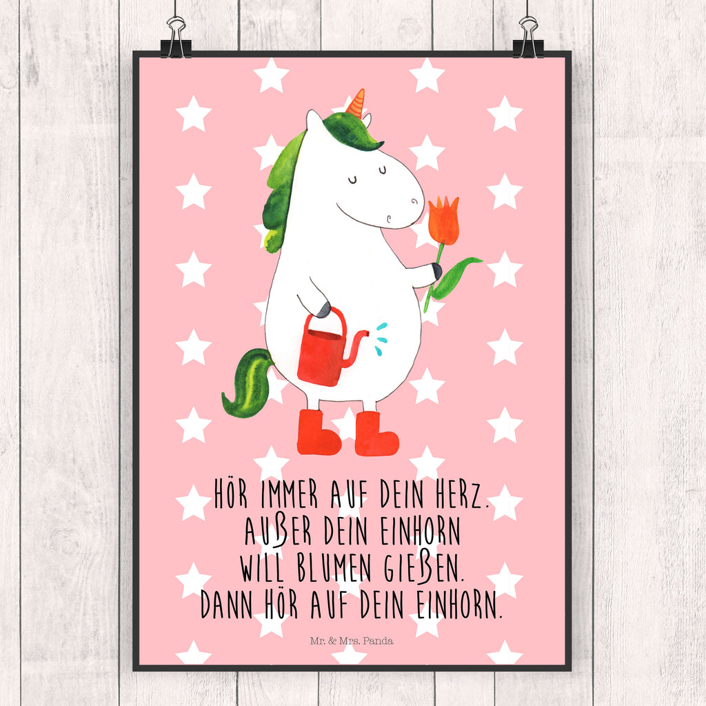 Poster Einhorn Gärtner Poster, Wandposter, Bild, Wanddeko, Küchenposter, Kinderposter, Wanddeko Bild, Raumdekoration, Wanddekoration, Handgemaltes Poster, Mr. & Mrs. Panda Poster, Designposter, Kunstdruck, Posterdruck, Einhorn, Einhörner, Einhorn Deko, Pegasus, Unicorn, Luftballon, Gießkanne, Giesskanne, Lebenslust, Freude, Blume, Freundin, Garten, Stiefel