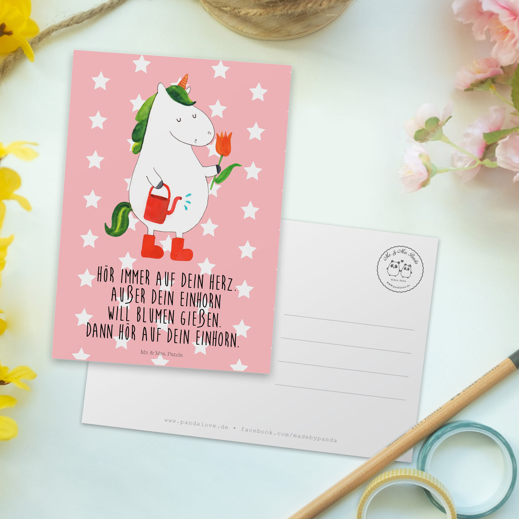 Postkarte Einhorn Gärtner Geschenkkarte, Grußkarte, Karte, Einladung, Ansichtskarte, Geburtstagskarte, Einladungskarte, Dankeskarte, Einhorn, Einhörner, Einhorn Deko, Pegasus, Unicorn, Luftballon, Gießkanne, Giesskanne, Lebenslust, Freude, Blume, Freundin, Garten, Stiefel