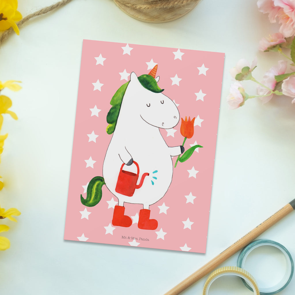 Postkarte Einhorn Gärtner Geschenkkarte, Grußkarte, Karte, Einladung, Ansichtskarte, Geburtstagskarte, Einladungskarte, Dankeskarte, Einhorn, Einhörner, Einhorn Deko, Pegasus, Unicorn, Luftballon, Gießkanne, Giesskanne, Lebenslust, Freude, Blume, Freundin, Garten, Stiefel