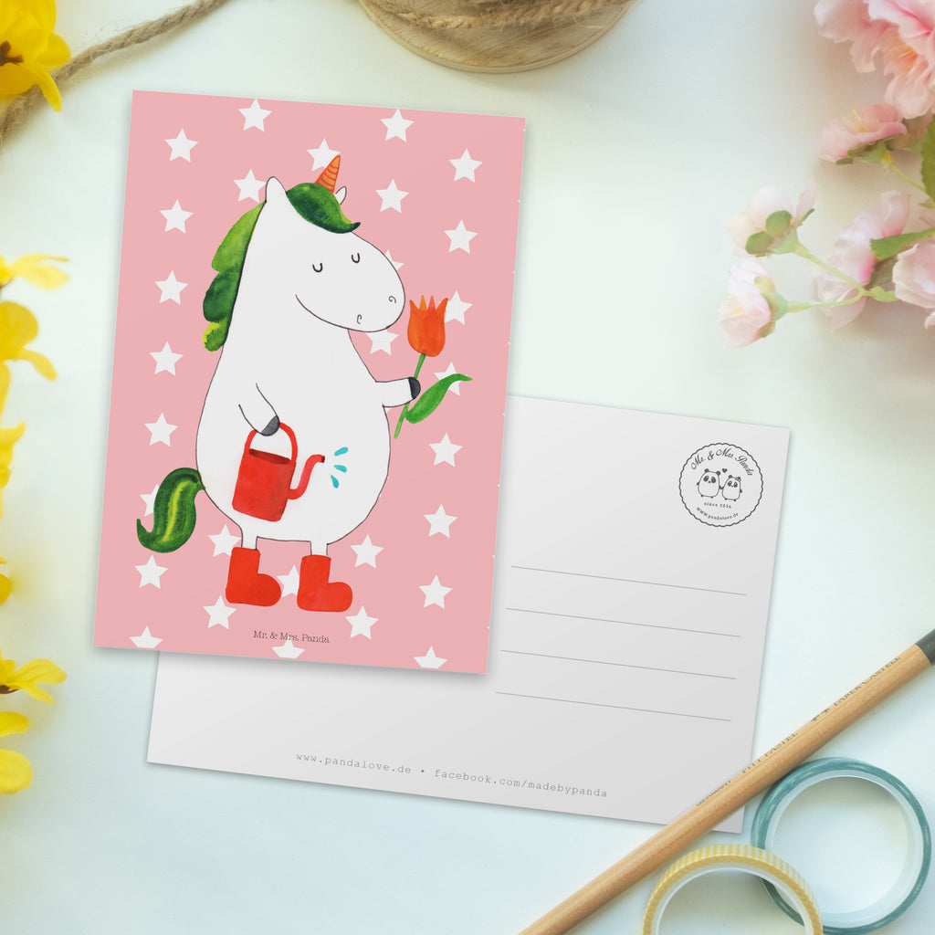 Postkarte Einhorn Gärtner Geschenkkarte, Grußkarte, Karte, Einladung, Ansichtskarte, Geburtstagskarte, Einladungskarte, Dankeskarte, Einhorn, Einhörner, Einhorn Deko, Pegasus, Unicorn, Luftballon, Gießkanne, Giesskanne, Lebenslust, Freude, Blume, Freundin, Garten, Stiefel