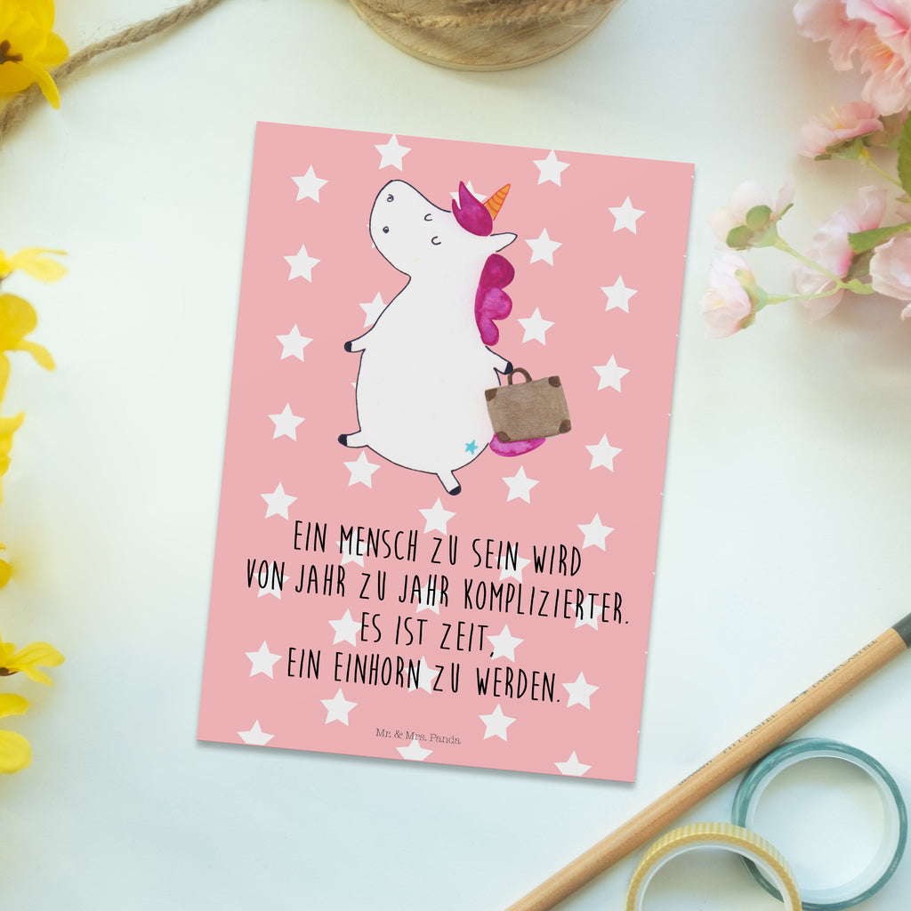 Postkarte Einhorn Koffer Geschenkkarte, Grußkarte, Karte, Einladung, Ansichtskarte, Geburtstagskarte, Einladungskarte, Dankeskarte, Einhorn, Einhörner, Einhorn Deko, Pegasus, Unicorn, unicorn, Koffer, Verreisen, Reise, Gepäck, Abenteuer, Erwachsen, Kind, albern, Spaß, lustig, witzig