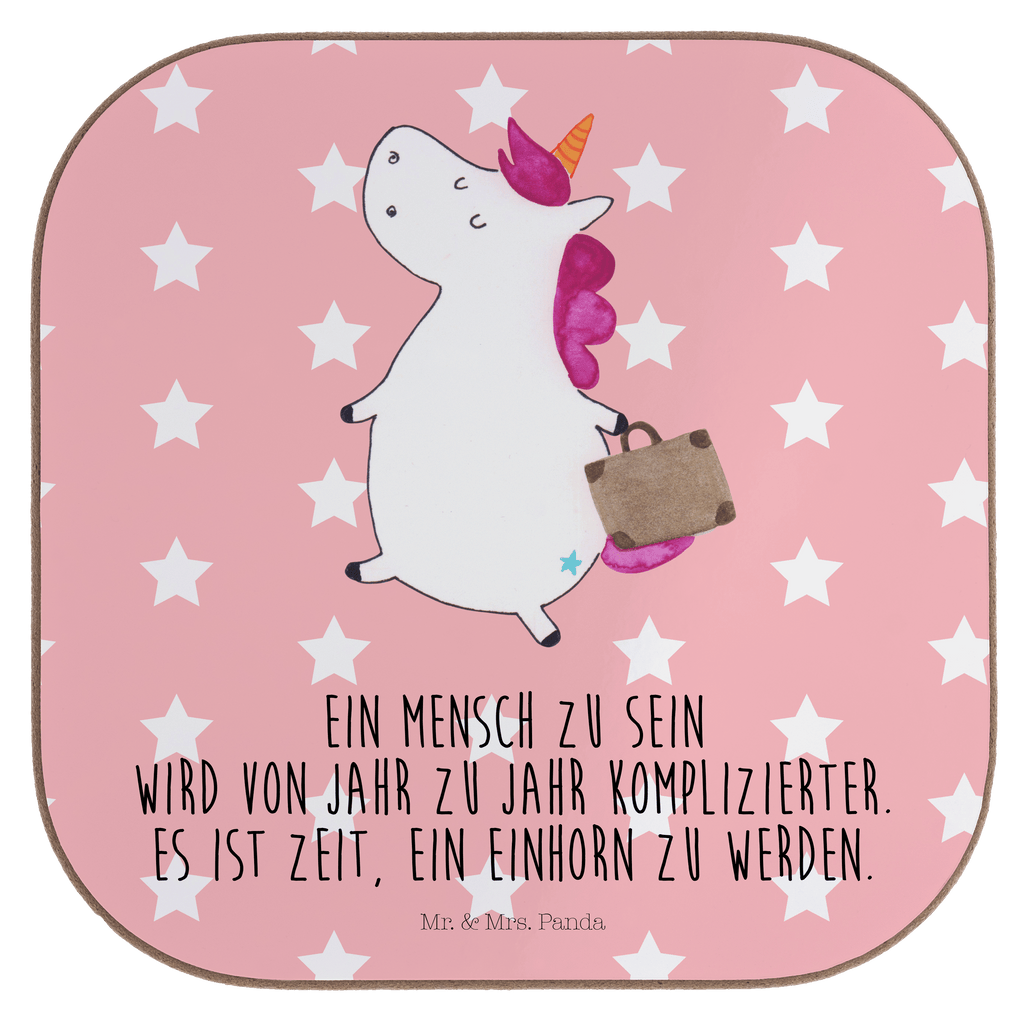 Quadratische Untersetzer Einhorn Koffer Bierdeckel, Glasuntersetzer, Untersetzer Gläser, Getränkeuntersetzer, Einhorn, Einhörner, Einhorn Deko, Pegasus, Unicorn, unicorn, Koffer, Verreisen, Reise, Gepäck, Abenteuer, Erwachsen, Kind, albern, Spaß, lustig, witzig