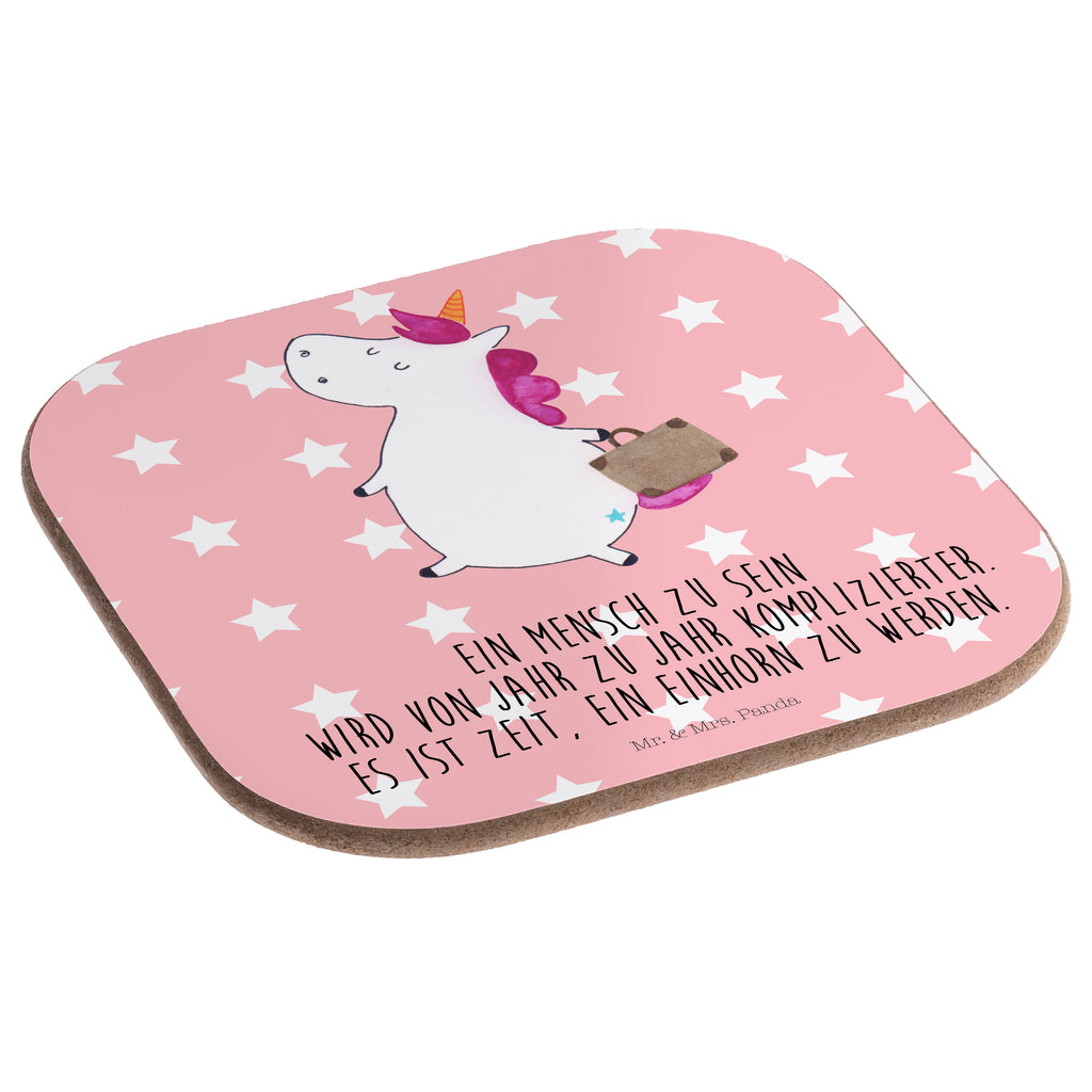 Quadratische Untersetzer Einhorn Koffer Bierdeckel, Glasuntersetzer, Untersetzer Gläser, Getränkeuntersetzer, Einhorn, Einhörner, Einhorn Deko, Pegasus, Unicorn, unicorn, Koffer, Verreisen, Reise, Gepäck, Abenteuer, Erwachsen, Kind, albern, Spaß, lustig, witzig
