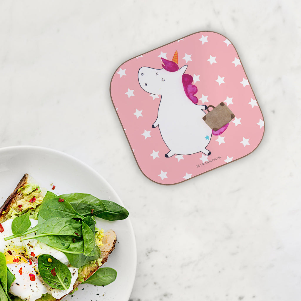 Quadratische Untersetzer Einhorn Koffer Bierdeckel, Glasuntersetzer, Untersetzer Gläser, Getränkeuntersetzer, Einhorn, Einhörner, Einhorn Deko, Pegasus, Unicorn, unicorn, Koffer, Verreisen, Reise, Gepäck, Abenteuer, Erwachsen, Kind, albern, Spaß, lustig, witzig