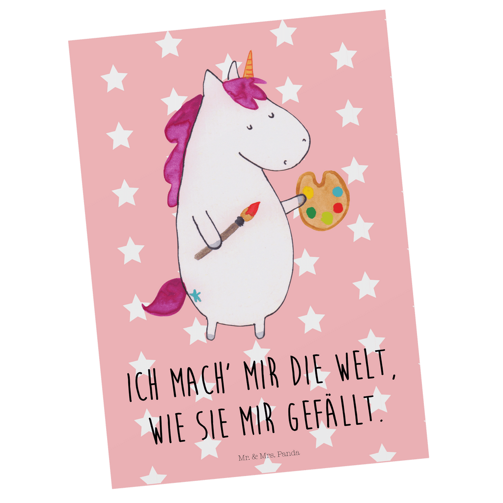 Postkarte Einhorn Künstler Geschenkkarte, Grußkarte, Karte, Einladung, Ansichtskarte, Geburtstagskarte, Einladungskarte, Einhorn, Einhörner, Einhorn Deko, Pegasus, Unicorn, Englisch, Künstler, Artist, Malen, Zeichnen, Welt, Farbe, Stift, Pinsel, Geschenk, Maler