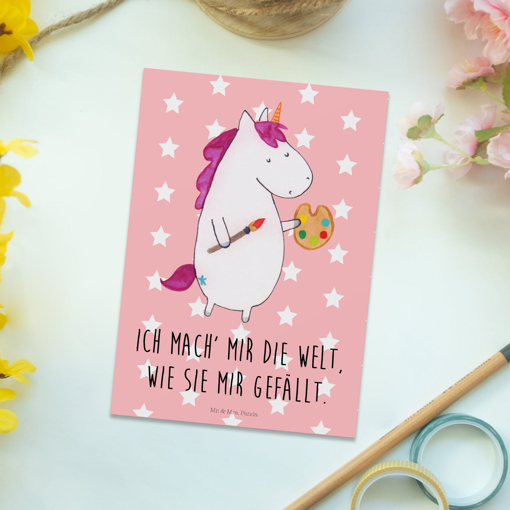 Postkarte Einhorn Künstler Geschenkkarte, Grußkarte, Karte, Einladung, Ansichtskarte, Geburtstagskarte, Einladungskarte, Einhorn, Einhörner, Einhorn Deko, Pegasus, Unicorn, Englisch, Künstler, Artist, Malen, Zeichnen, Welt, Farbe, Stift, Pinsel, Geschenk, Maler