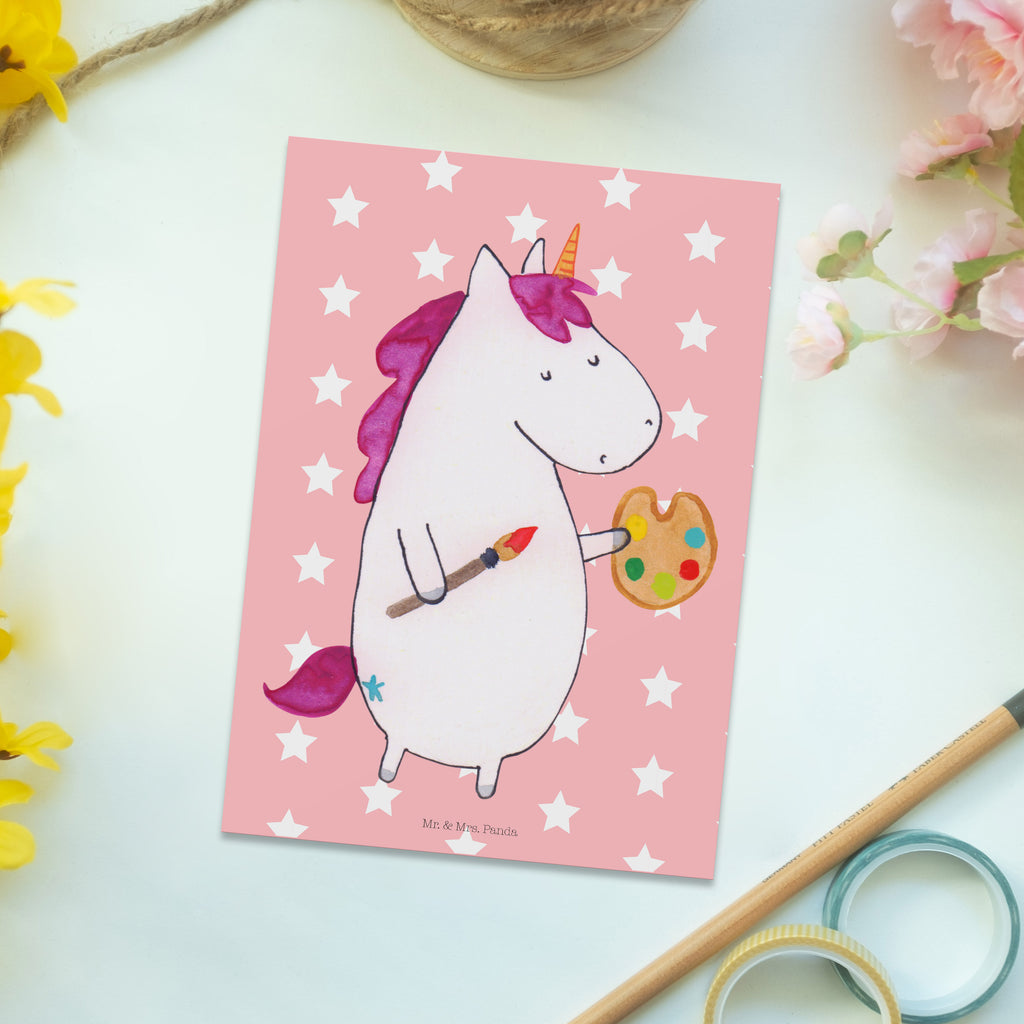 Postkarte Einhorn Künstler Geschenkkarte, Grußkarte, Karte, Einladung, Ansichtskarte, Geburtstagskarte, Einladungskarte, Einhorn, Einhörner, Einhorn Deko, Pegasus, Unicorn, Englisch, Künstler, Artist, Malen, Zeichnen, Welt, Farbe, Stift, Pinsel, Geschenk, Maler