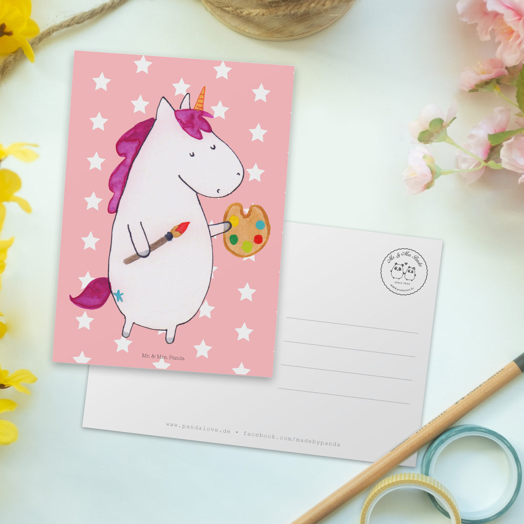 Postkarte Einhorn Künstler Geschenkkarte, Grußkarte, Karte, Einladung, Ansichtskarte, Geburtstagskarte, Einladungskarte, Einhorn, Einhörner, Einhorn Deko, Pegasus, Unicorn, Englisch, Künstler, Artist, Malen, Zeichnen, Welt, Farbe, Stift, Pinsel, Geschenk, Maler