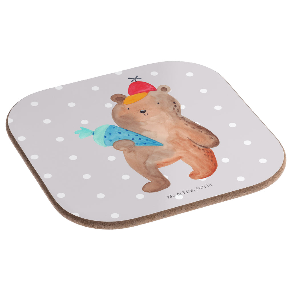 Quadratische Untersetzer Bär mit Schultüte Bierdeckel, Glasuntersetzer, Untersetzer Gläser, Getränkeuntersetzer, Bär, Teddy, Teddybär, Bär Motiv, Schultüte, Erster Schultag Geschenk, Einschulung Geschenk, Schule Geschenk, Grundschule, Schulanfang, Schulbeginn