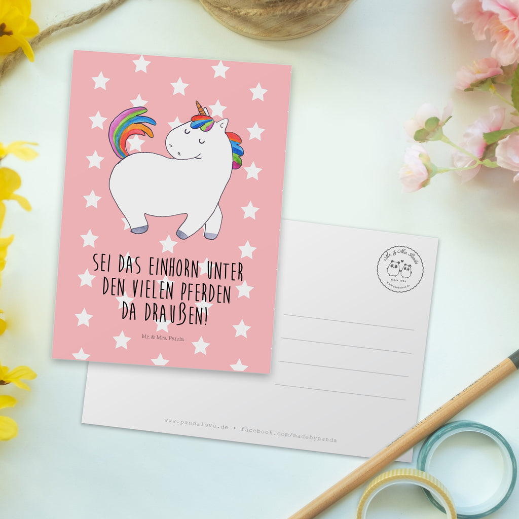 Postkarte Einhorn stolzierend Geschenkkarte, Grußkarte, Karte, Einladung, Ansichtskarte, Geburtstagskarte, Einladungskarte, Einhorn, Einhörner, Einhorn Deko, Pegasus, Unicorn, stolz, anders, bunt, Pferd, Reiter, Reiten, Freundin, Geschenk