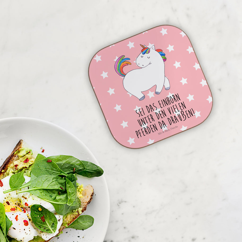 Quadratische Untersetzer Einhorn stolzierend Bierdeckel, Glasuntersetzer, Untersetzer Gläser, Getränkeuntersetzer, Einhorn, Einhörner, Einhorn Deko, Pegasus, Unicorn, stolz, anders, bunt, Pferd, Reiter, Reiten, Freundin, Geschenk