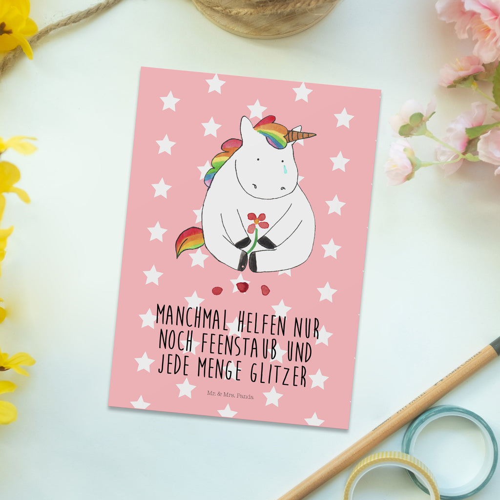 Postkarte Einhorn Traurig Geschenkkarte, Grußkarte, Karte, Einladung, Ansichtskarte, Geburtstagskarte, Einladungskarte, Einhorn, Einhörner, Einhorn Deko, Pegasus, Unicorn, Glitzer, Trösten. Freundschaft, Freunde, Liebe, Trauer, Blume