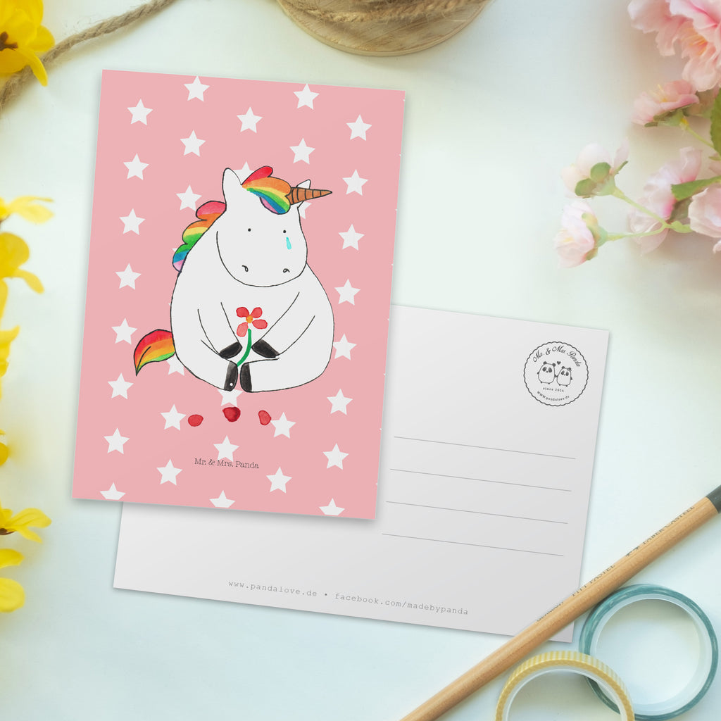 Postkarte Einhorn Traurig Geschenkkarte, Grußkarte, Karte, Einladung, Ansichtskarte, Geburtstagskarte, Einladungskarte, Einhorn, Einhörner, Einhorn Deko, Pegasus, Unicorn, Glitzer, Trösten. Freundschaft, Freunde, Liebe, Trauer, Blume