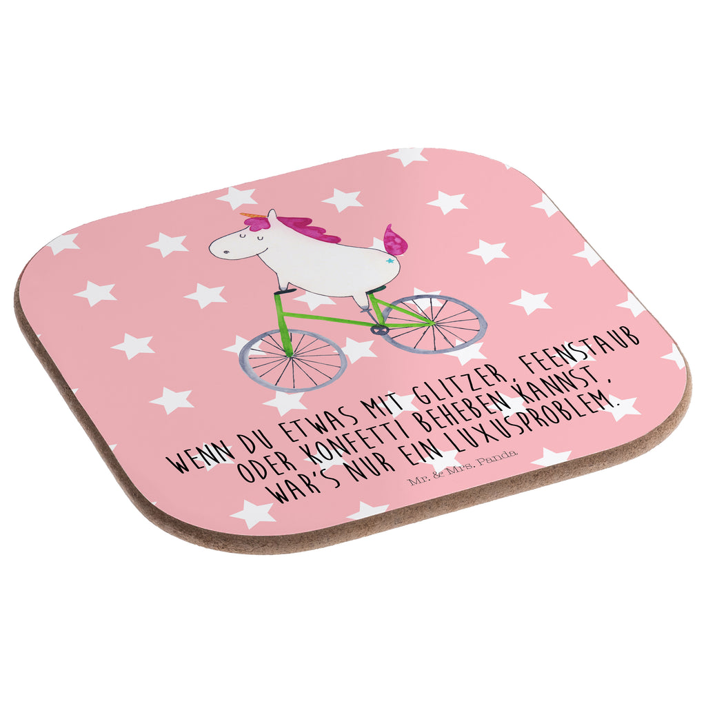 Quadratische Untersetzer Einhorn Radfahrer Bierdeckel, Glasuntersetzer, Untersetzer Gläser, Getränkeuntersetzer, Einhorn, Einhörner, Einhorn Deko, Pegasus, Unicorn, Radfahren, Radfahrer, Rad, Bike, Feenstaub, Konfetti, Luxusproblem, Kummer, Liebeskummer