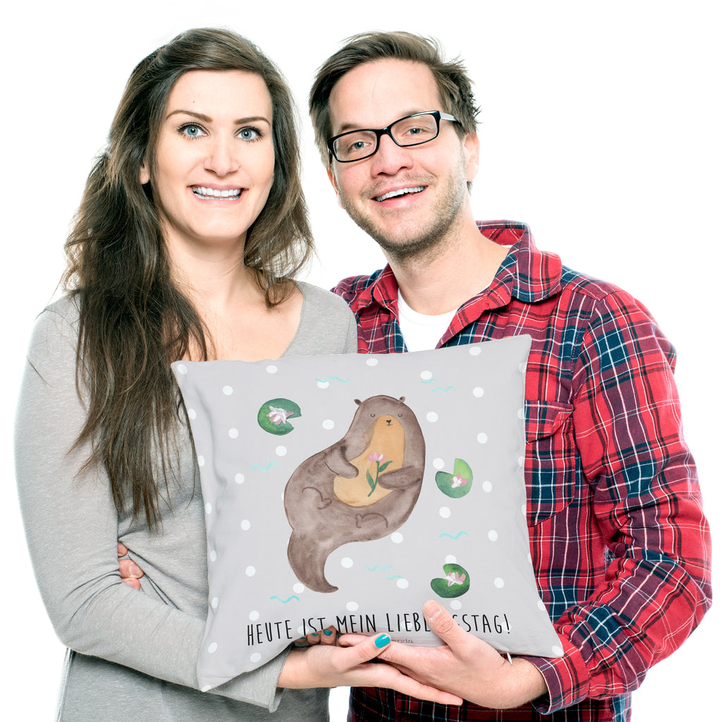 40x40 Kissen Otter mit Seerose Kissenhülle, Kopfkissen, Sofakissen, Dekokissen, Motivkissen, Otter, Fischotter, Seeotter, Otter Seeotter See Otter
