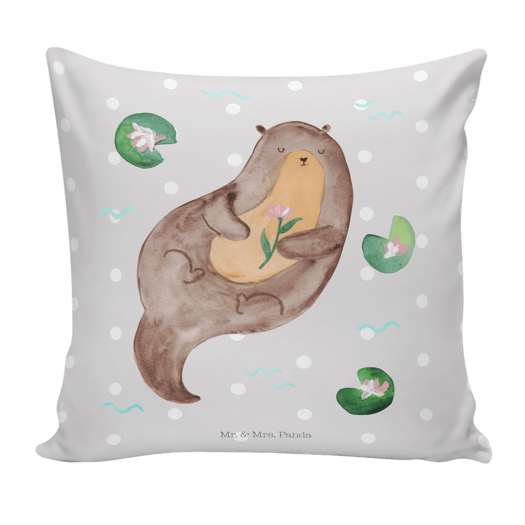 40x40 Kissen Otter mit Seerose Kissenhülle, Kopfkissen, Sofakissen, Dekokissen, Motivkissen, Otter, Fischotter, Seeotter, Otter Seeotter See Otter
