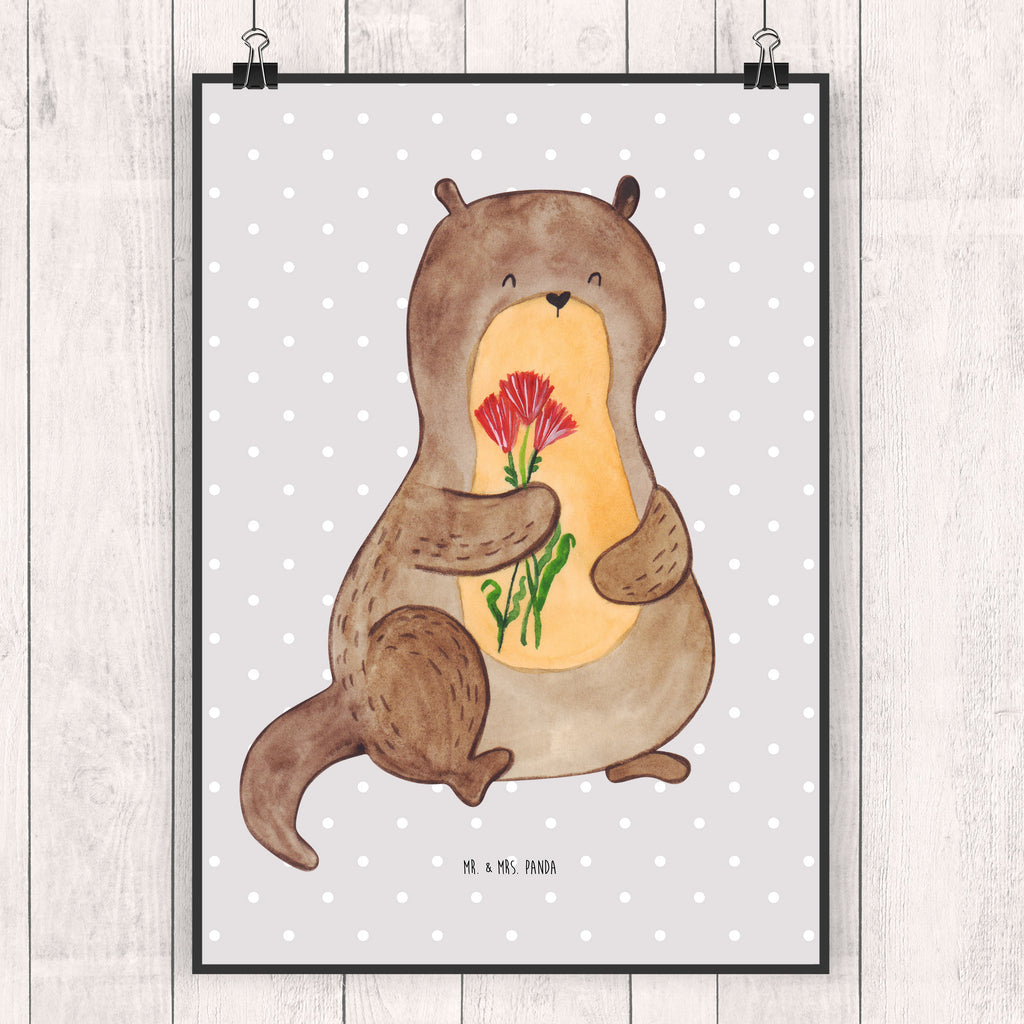 Poster Otter Blumenstrauß Poster, Wandposter, Bild, Wanddeko, Küchenposter, Kinderposter, Wanddeko Bild, Raumdekoration, Wanddekoration, Handgemaltes Poster, Mr. & Mrs. Panda Poster, Designposter, Kunstdruck, Posterdruck, Otter, Fischotter, Seeotter, Otter Seeotter See Otter