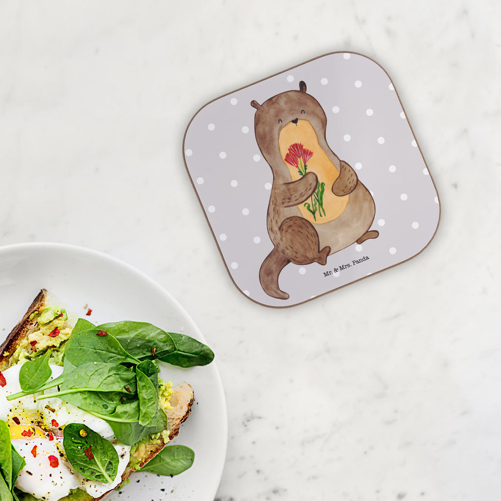 Quadratische Untersetzer Otter Blumenstrauß Bierdeckel, Glasuntersetzer, Untersetzer Gläser, Getränkeuntersetzer, Otter, Fischotter, Seeotter, Otter Seeotter See Otter