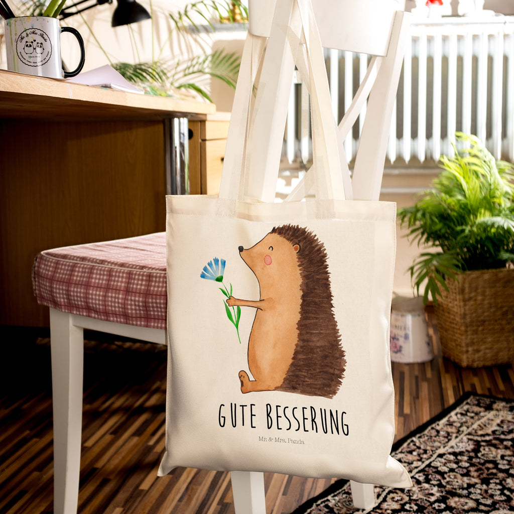 Tragetasche Igel mit Blume Beuteltasche, Beutel, Einkaufstasche, Jutebeutel, Stoffbeutel, Tiermotive, Gute Laune, lustige Sprüche, Tiere, Igel, Gute Besserung, Genesungswünsche, Krankheit, Krankenhaus, krank, Besuch