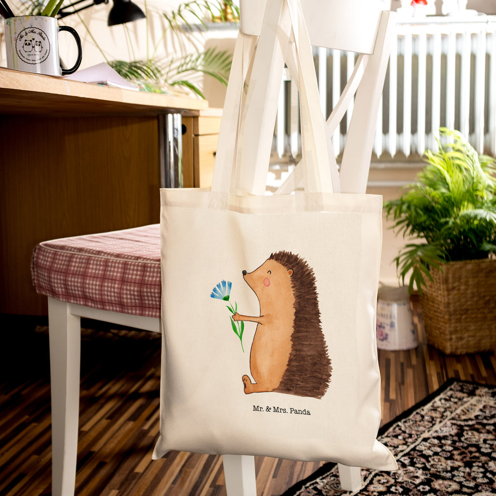 Tragetasche Igel mit Blume Beuteltasche, Beutel, Einkaufstasche, Jutebeutel, Stoffbeutel, Tiermotive, Gute Laune, lustige Sprüche, Tiere, Igel, Gute Besserung, Genesungswünsche, Krankheit, Krankenhaus, krank, Besuch