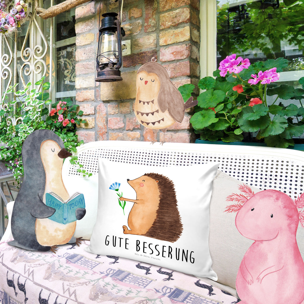 40x40 Kissen Igel mit Blume Kissenhülle, Kopfkissen, Sofakissen, Dekokissen, Motivkissen, Tiermotive, Gute Laune, lustige Sprüche, Tiere, Igel, Gute Besserung, Genesungswünsche, Krankheit, Krankenhaus, krank, Besuch