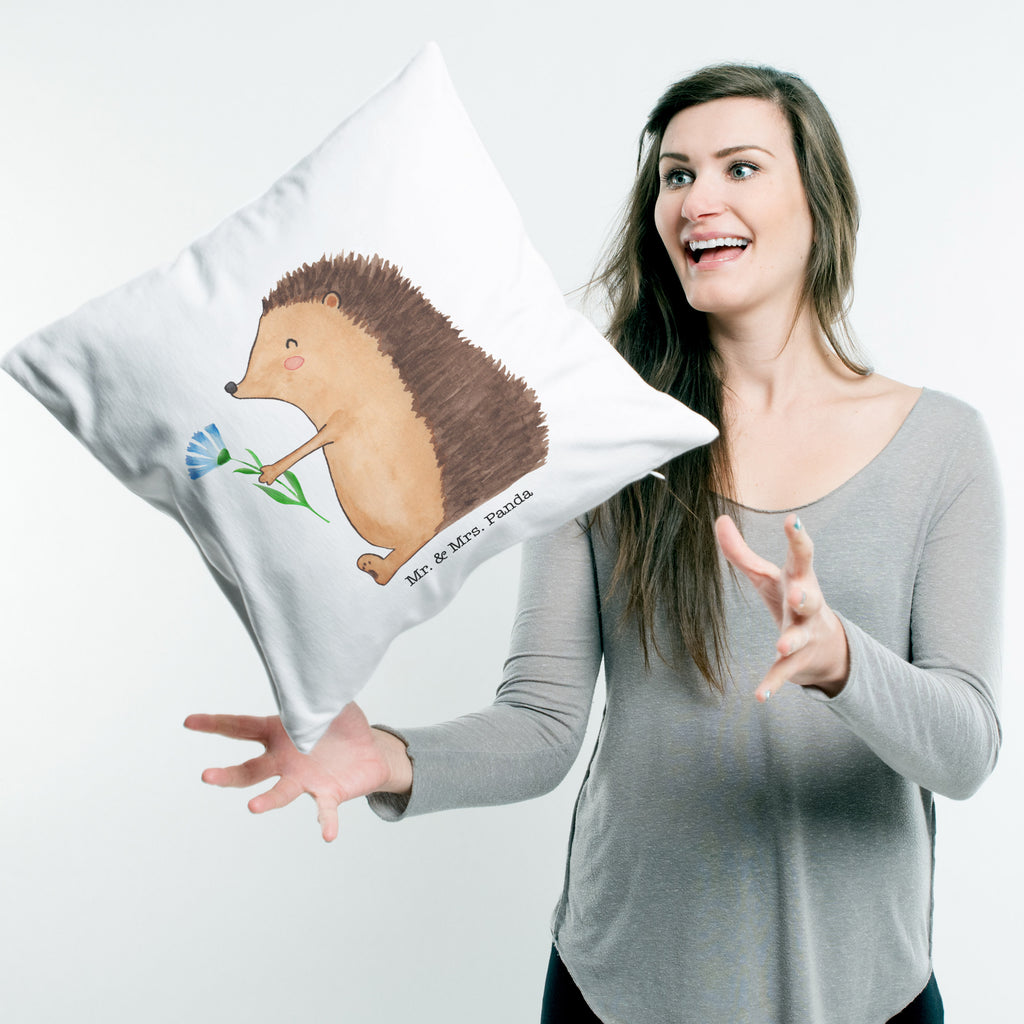 40x40 Kissen Igel mit Blume Kissenhülle, Kopfkissen, Sofakissen, Dekokissen, Motivkissen, Tiermotive, Gute Laune, lustige Sprüche, Tiere, Igel, Gute Besserung, Genesungswünsche, Krankheit, Krankenhaus, krank, Besuch