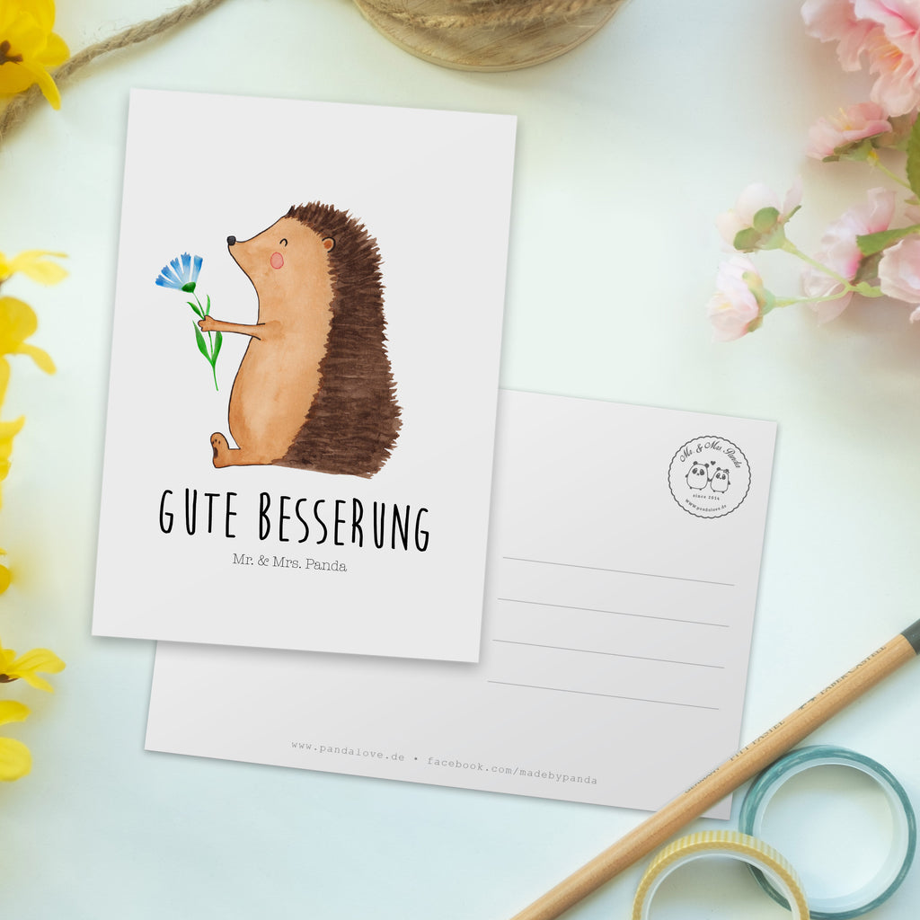 Postkarte Igel mit Blume Geschenkkarte, Grußkarte, Karte, Einladung, Ansichtskarte, Geburtstagskarte, Einladungskarte, Dankeskarte, Tiermotive, Gute Laune, lustige Sprüche, Tiere, Igel, Gute Besserung, Genesungswünsche, Krankheit, Krankenhaus, krank, Besuch