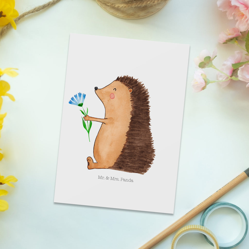 Postkarte Igel mit Blume Geschenkkarte, Grußkarte, Karte, Einladung, Ansichtskarte, Geburtstagskarte, Einladungskarte, Dankeskarte, Tiermotive, Gute Laune, lustige Sprüche, Tiere, Igel, Gute Besserung, Genesungswünsche, Krankheit, Krankenhaus, krank, Besuch