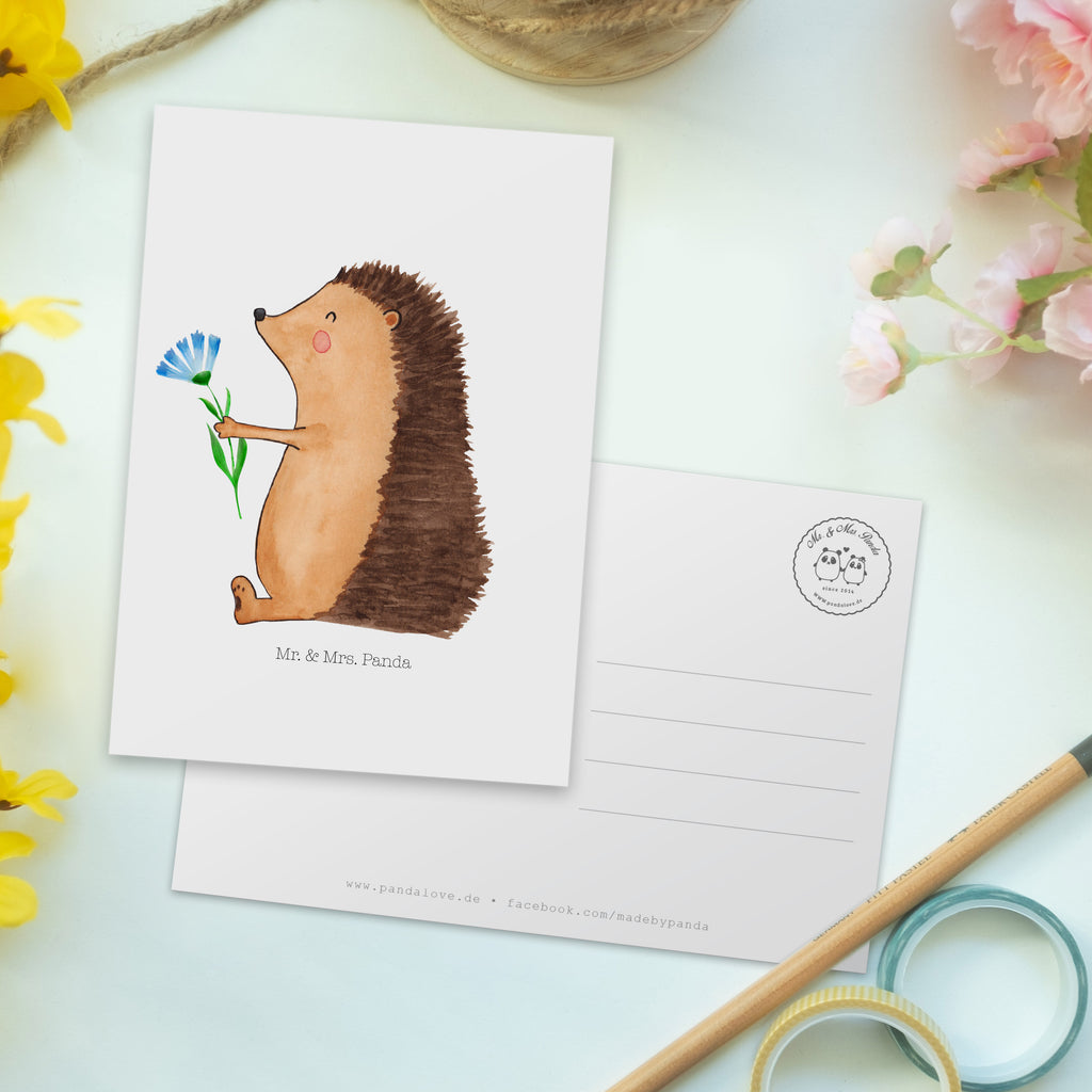 Postkarte Igel mit Blume Geschenkkarte, Grußkarte, Karte, Einladung, Ansichtskarte, Geburtstagskarte, Einladungskarte, Dankeskarte, Tiermotive, Gute Laune, lustige Sprüche, Tiere, Igel, Gute Besserung, Genesungswünsche, Krankheit, Krankenhaus, krank, Besuch