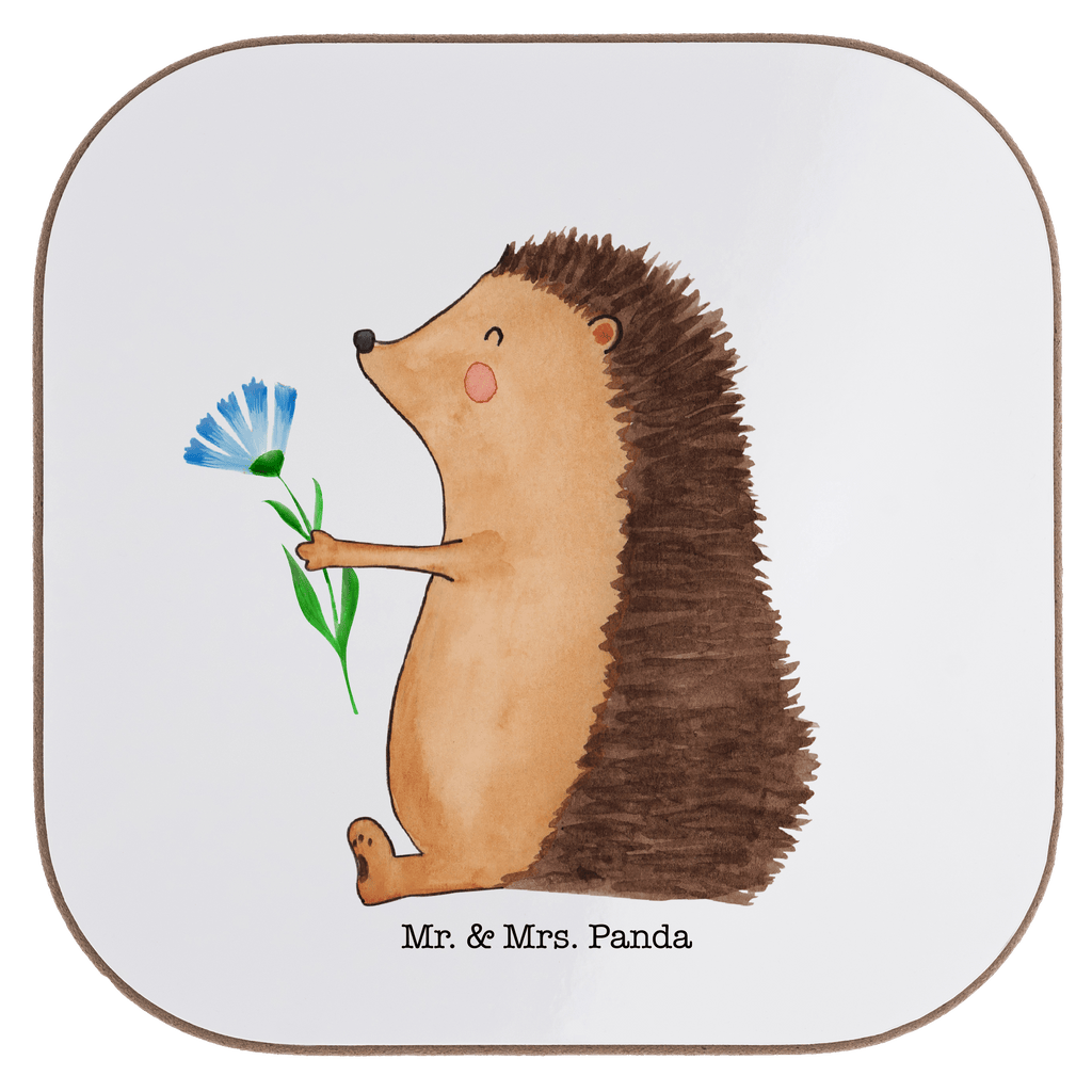 Quadratische Untersetzer Igel mit Blume Bierdeckel, Glasuntersetzer, Untersetzer Gläser, Getränkeuntersetzer, Tiermotive, Gute Laune, lustige Sprüche, Tiere, Igel, Gute Besserung, Genesungswünsche, Krankheit, Krankenhaus, krank, Besuch
