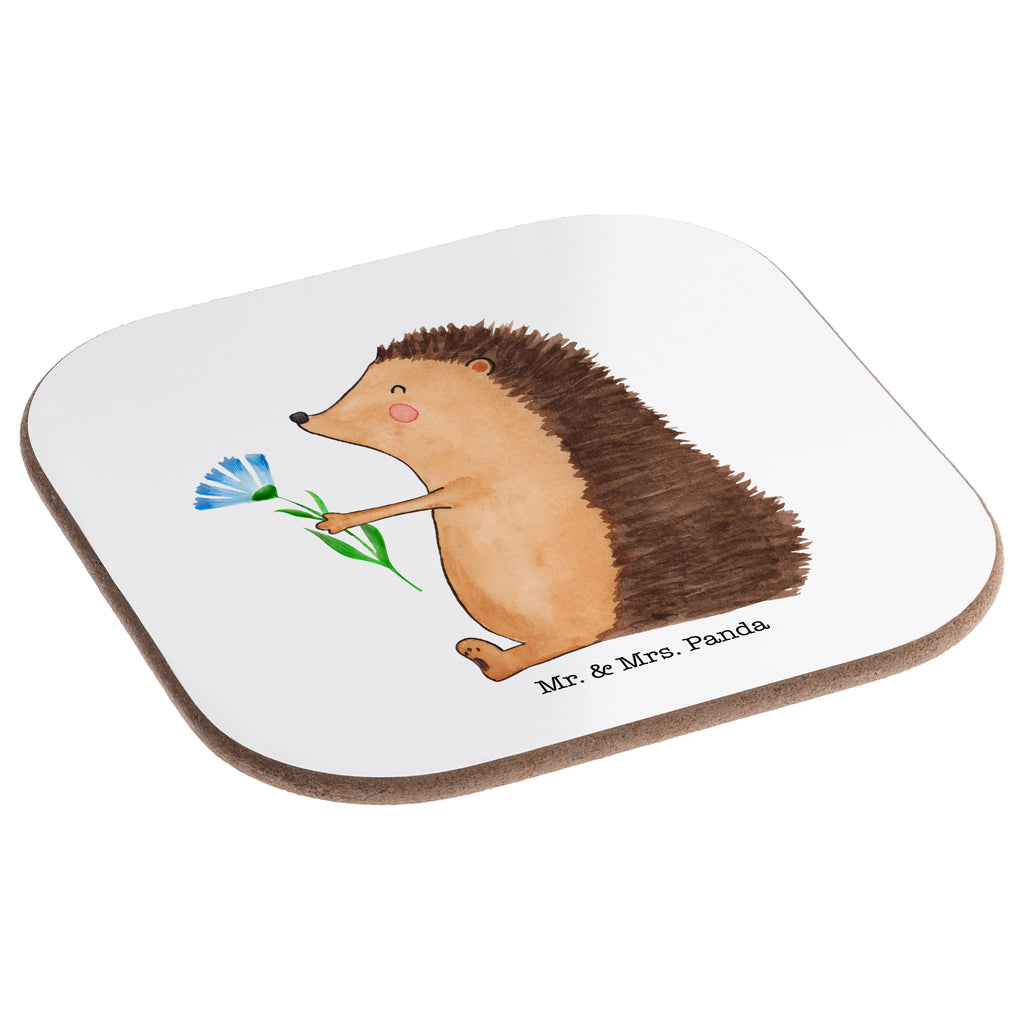 Quadratische Untersetzer Igel mit Blume Bierdeckel, Glasuntersetzer, Untersetzer Gläser, Getränkeuntersetzer, Tiermotive, Gute Laune, lustige Sprüche, Tiere, Igel, Gute Besserung, Genesungswünsche, Krankheit, Krankenhaus, krank, Besuch