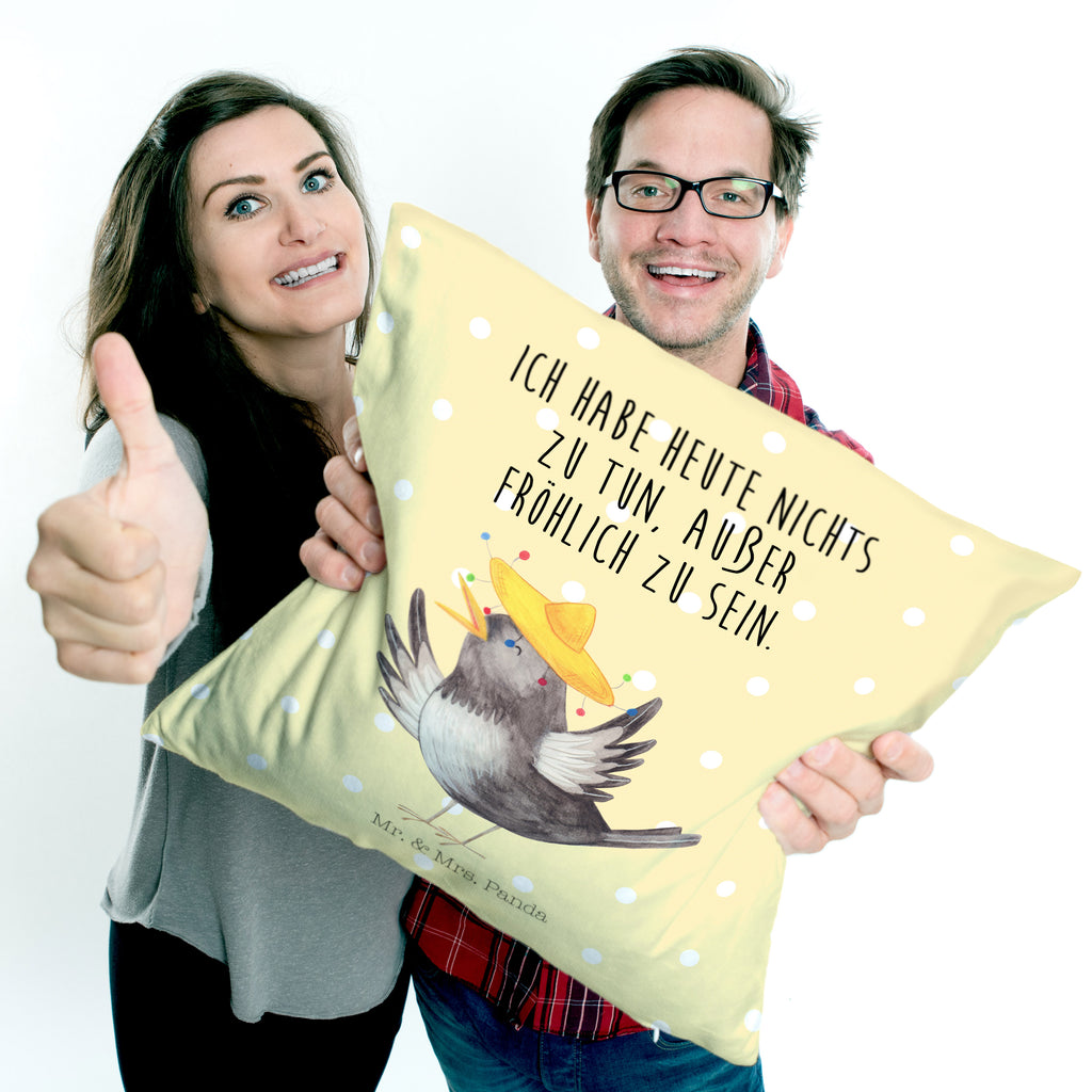 40x40 Kissen Rabe mit Sombrero Kissenhülle, Kopfkissen, Sofakissen, Dekokissen, Motivkissen, Tiermotive, Gute Laune, lustige Sprüche, Tiere, Rabe, Vogel, Vögel, Spruch positiv, fröhlich sein, glücklich sein, Glück Spruch, froh, Elster, Motivation