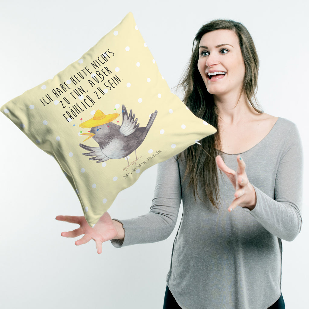 40x40 Kissen Rabe mit Sombrero Kissenhülle, Kopfkissen, Sofakissen, Dekokissen, Motivkissen, Tiermotive, Gute Laune, lustige Sprüche, Tiere, Rabe, Vogel, Vögel, Spruch positiv, fröhlich sein, glücklich sein, Glück Spruch, froh, Elster, Motivation
