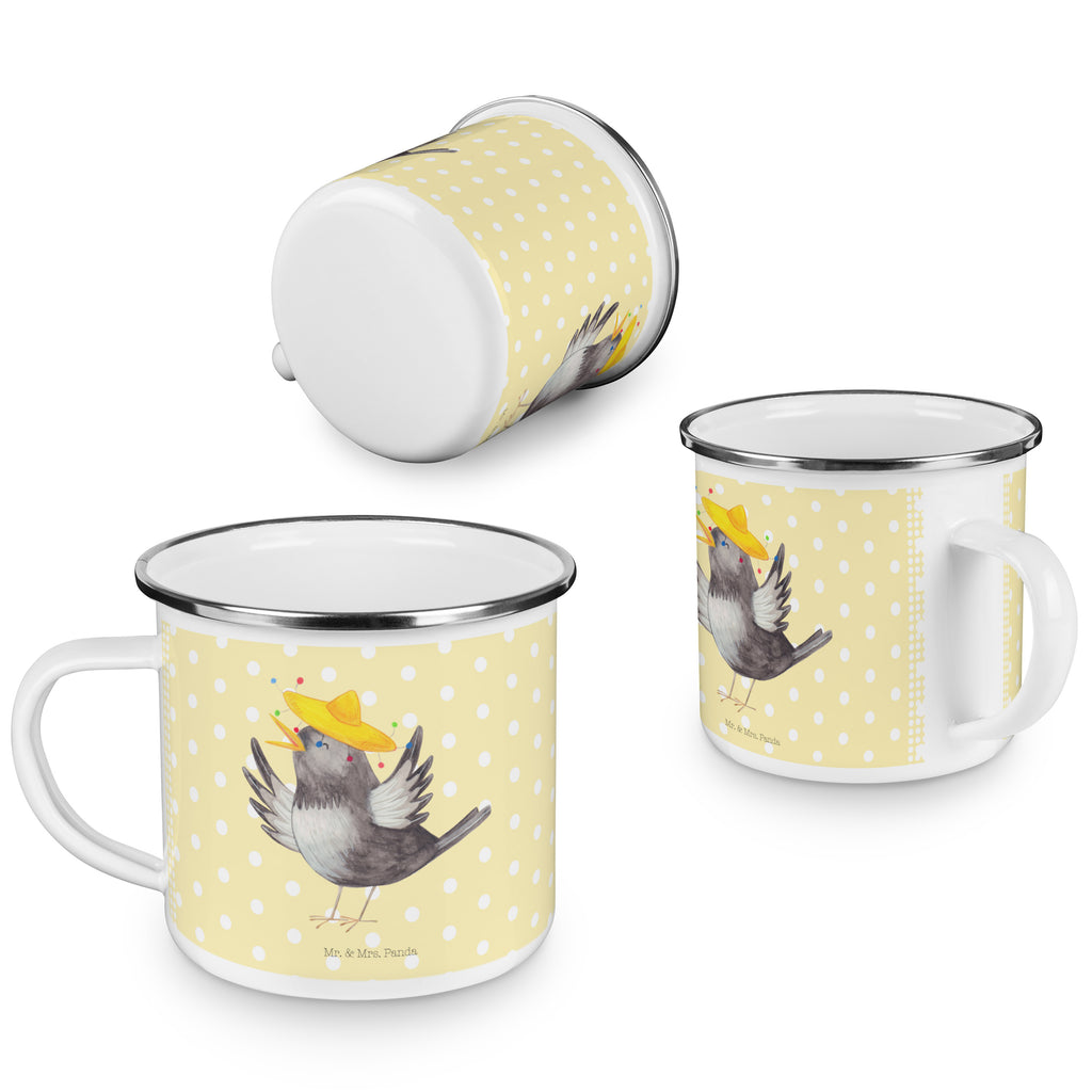 Camping Emaille Tasse Rabe mit Sombrero Campingtasse, Trinkbecher, Metalltasse, Outdoor Tasse, Emaille Trinkbecher, Blechtasse Outdoor, Emaille Campingbecher, Edelstahl Trinkbecher, Metalltasse für Camping, Kaffee Blechtasse, Camping Tasse Metall, Tiermotive, Gute Laune, lustige Sprüche, Tiere, Rabe, Vogel, Vögel, Spruch positiv, fröhlich sein, glücklich sein, Glück Spruch, froh, Elster, Motivation