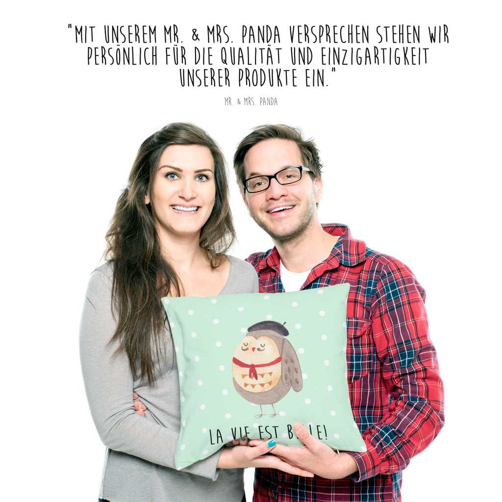 40x40 Kissen Eule Französisch Kissenhülle, Kopfkissen, Sofakissen, Dekokissen, Motivkissen, Eule, Eulen, Eule Deko, Owl, hibou, La vie est belle, das Leben ist schön, Spruch schön, Spruch Französisch, Frankreich