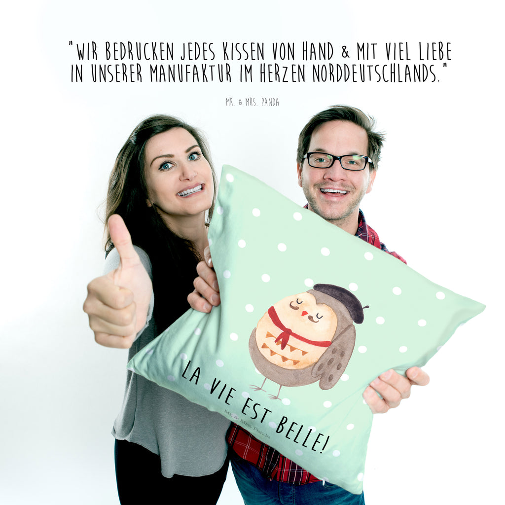40x40 Kissen Eule Französisch Kissenhülle, Kopfkissen, Sofakissen, Dekokissen, Motivkissen, Eule, Eulen, Eule Deko, Owl, hibou, La vie est belle, das Leben ist schön, Spruch schön, Spruch Französisch, Frankreich