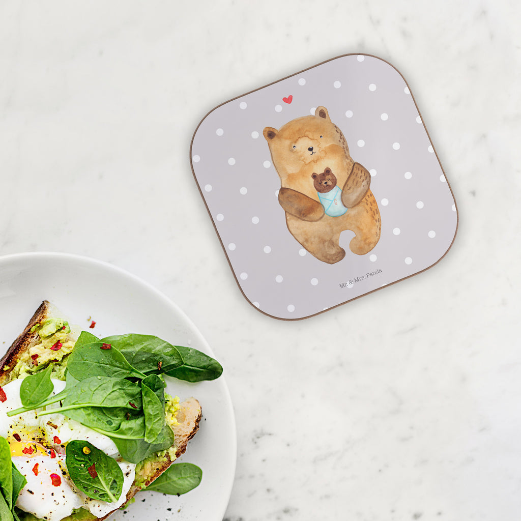 Quadratische Untersetzer Bär mit Baby Bierdeckel, Glasuntersetzer, Untersetzer Gläser, Getränkeuntersetzer, Bär, Teddy, Teddybär, Eltern, Mutter, Baby, Taufe, Geburt, Nichte, Neffe, Enkel, Enkelin, Täufling, Geburtstag, Glückwunsch