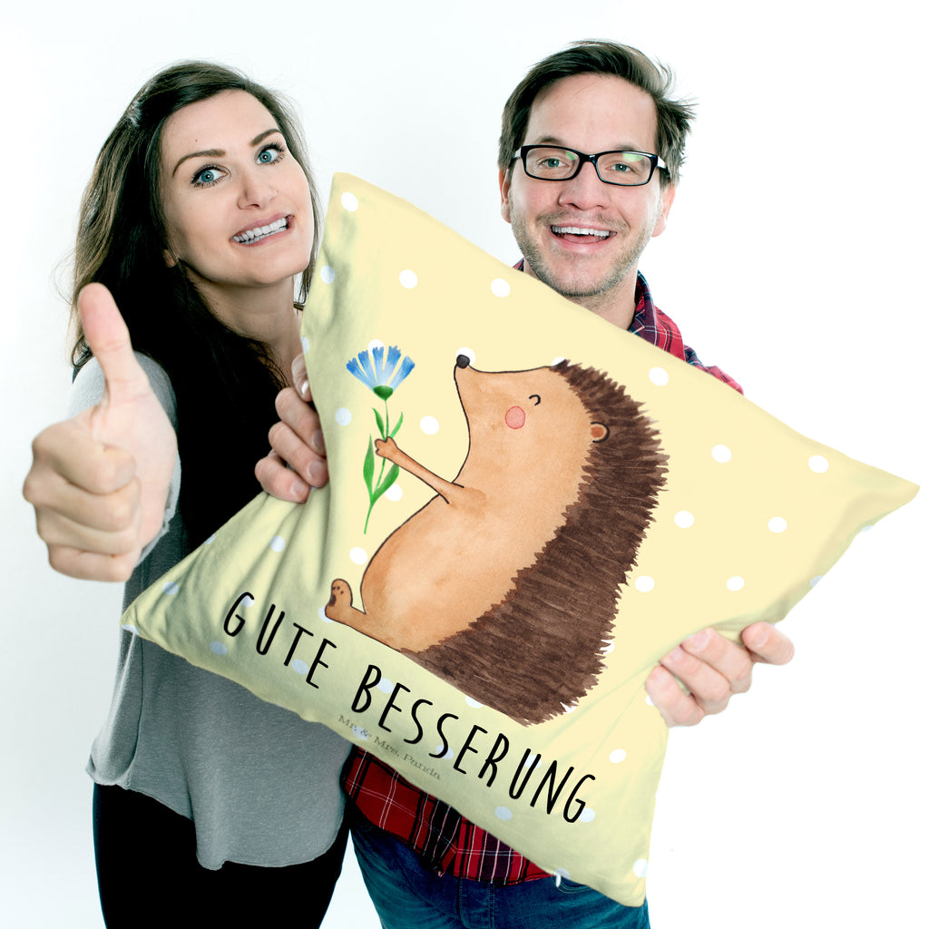 40x40 Kissen Igel mit Blume Kissenhülle, Kopfkissen, Sofakissen, Dekokissen, Motivkissen, Tiermotive, Gute Laune, lustige Sprüche, Tiere, Igel, Gute Besserung, Genesungswünsche, Krankheit, Krankenhaus, krank, Besuch