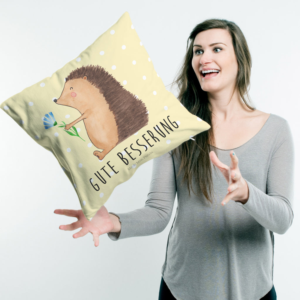 40x40 Kissen Igel mit Blume Kissenhülle, Kopfkissen, Sofakissen, Dekokissen, Motivkissen, Tiermotive, Gute Laune, lustige Sprüche, Tiere, Igel, Gute Besserung, Genesungswünsche, Krankheit, Krankenhaus, krank, Besuch