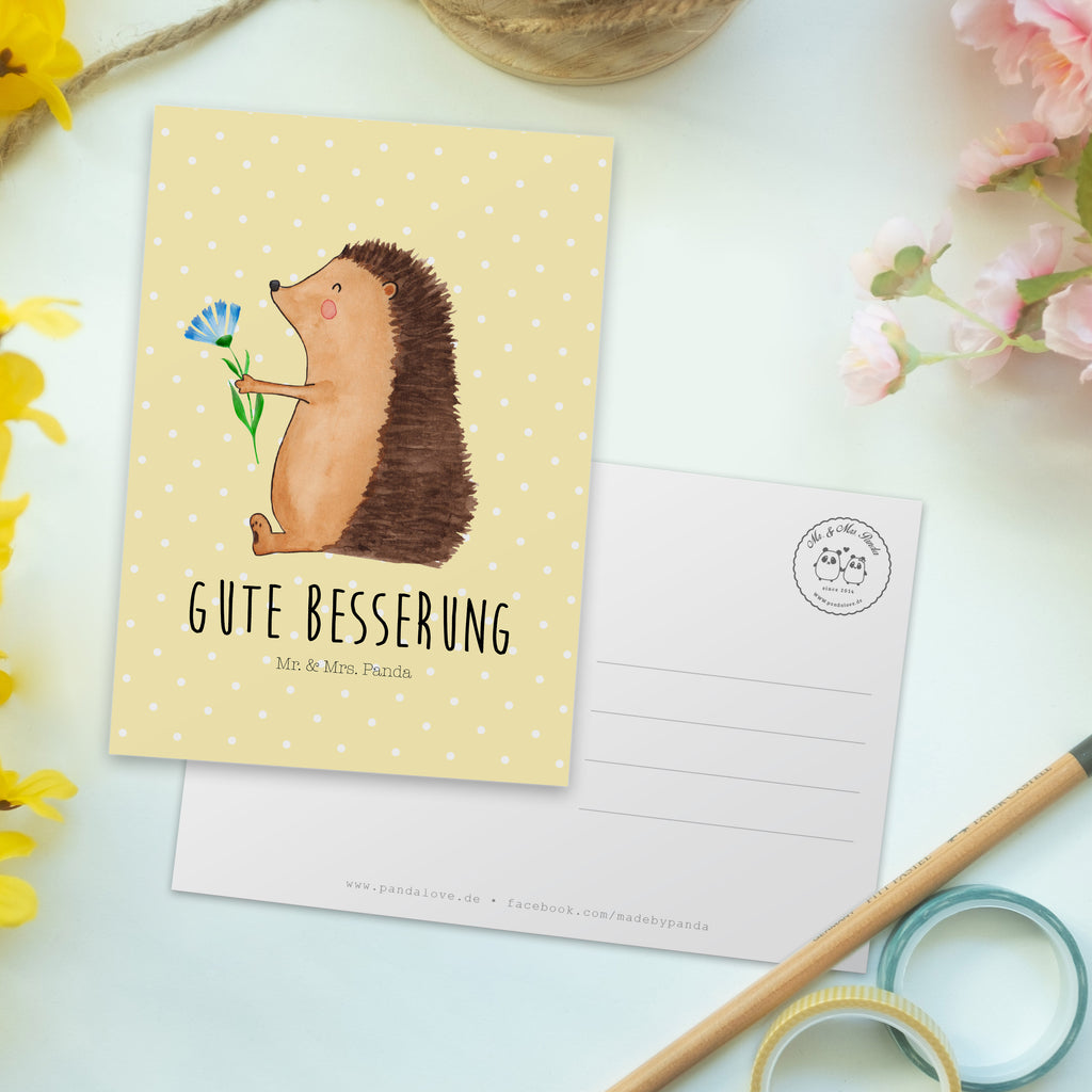 Postkarte Igel mit Blume Geschenkkarte, Grußkarte, Karte, Einladung, Ansichtskarte, Geburtstagskarte, Einladungskarte, Dankeskarte, Tiermotive, Gute Laune, lustige Sprüche, Tiere, Igel, Gute Besserung, Genesungswünsche, Krankheit, Krankenhaus, krank, Besuch