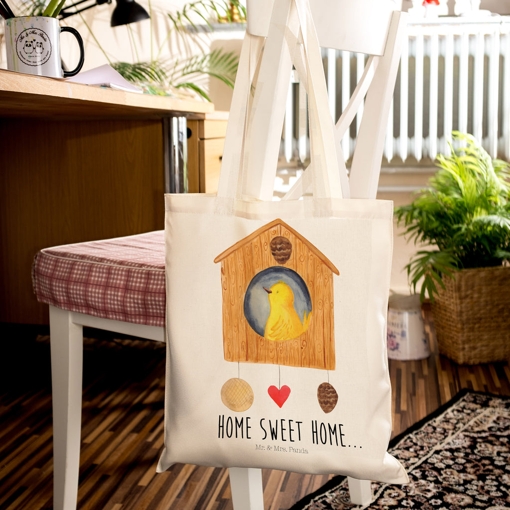 Tragetasche Vogelhaus sweet Home Beuteltasche, Beutel, Einkaufstasche, Jutebeutel, Stoffbeutel, Tiermotive, Gute Laune, lustige Sprüche, Tiere, Vogelhaus, Vogel, Home sweet Home, Einzug, Umzug, Geschenk, Einzugsgeschenk, Hausbau, Haus
